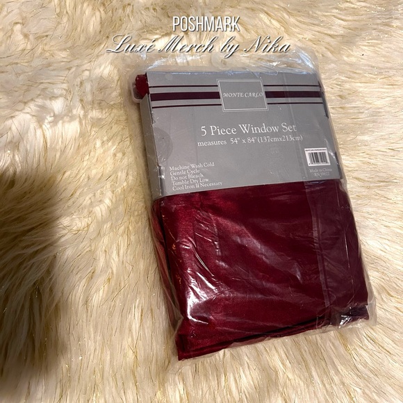 (5) Piece Window Curtain Set - Burgundy and White - Picture 3 of 3